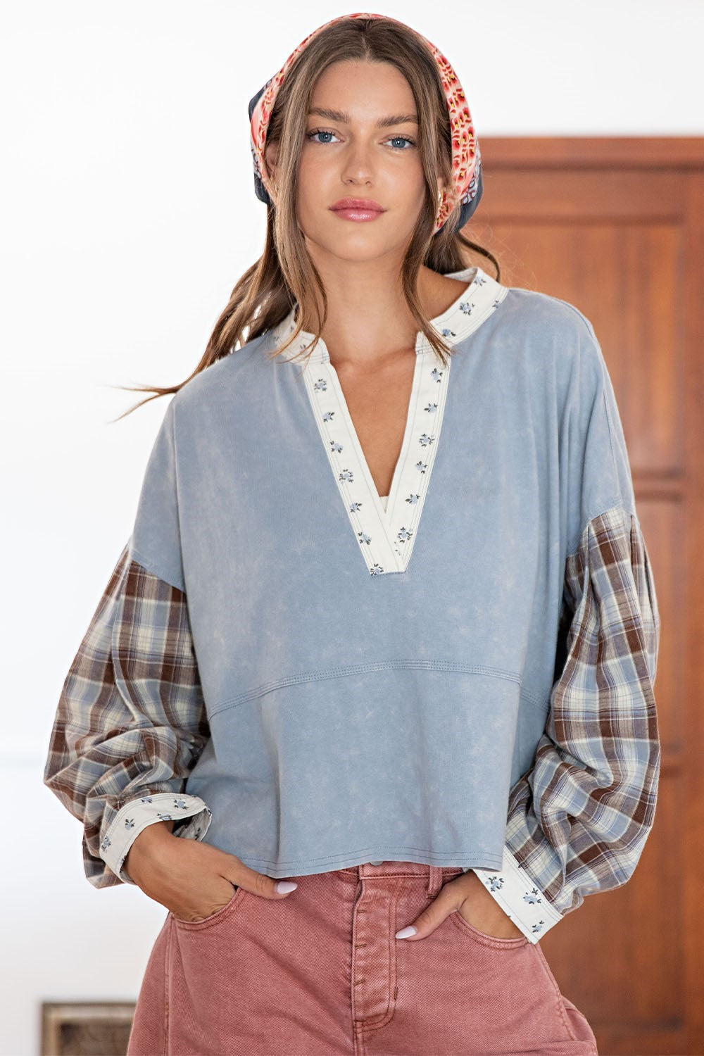 Floral Trim Plaid Contrast Top