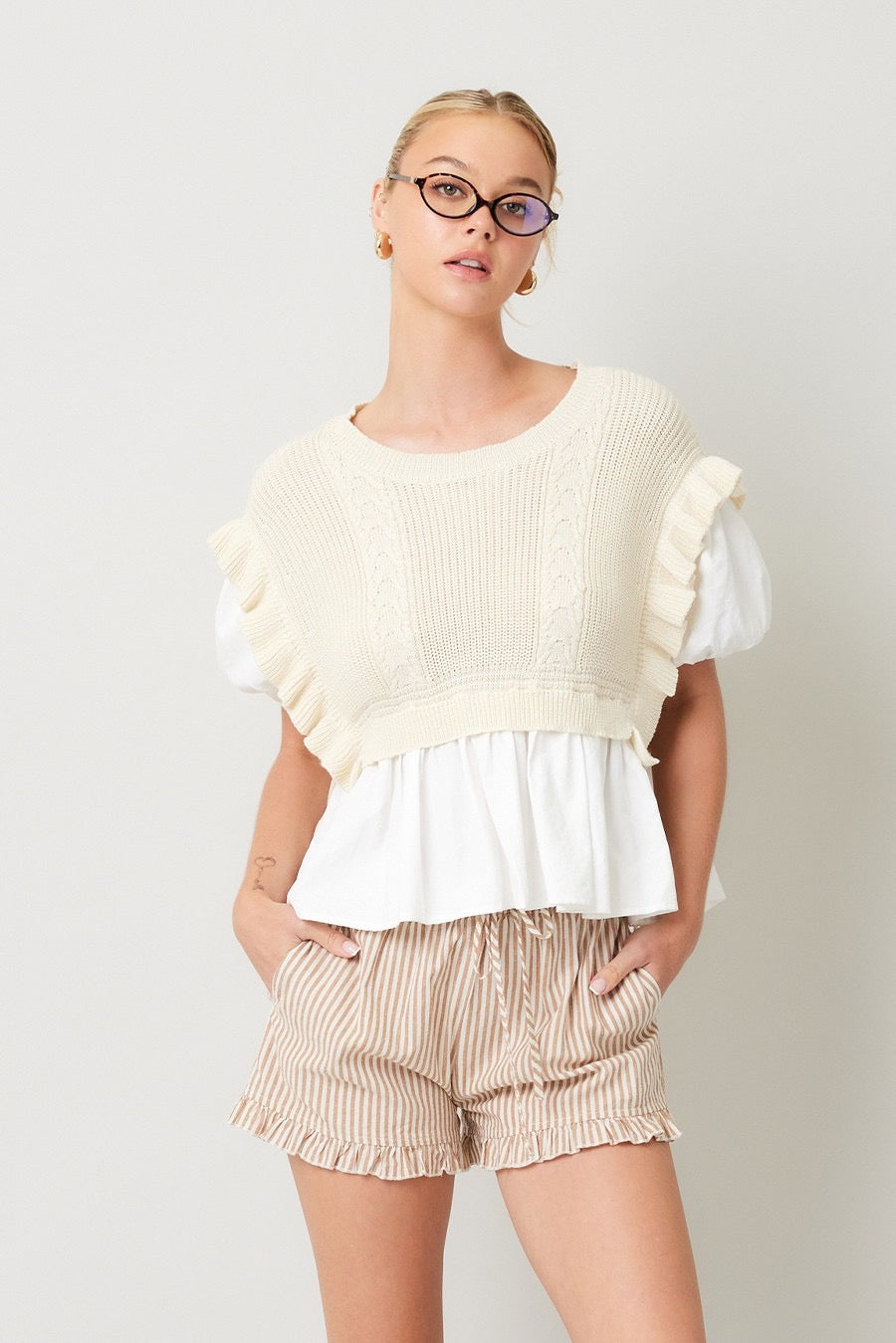 Knitted Vest & Short Sleeve Blouse