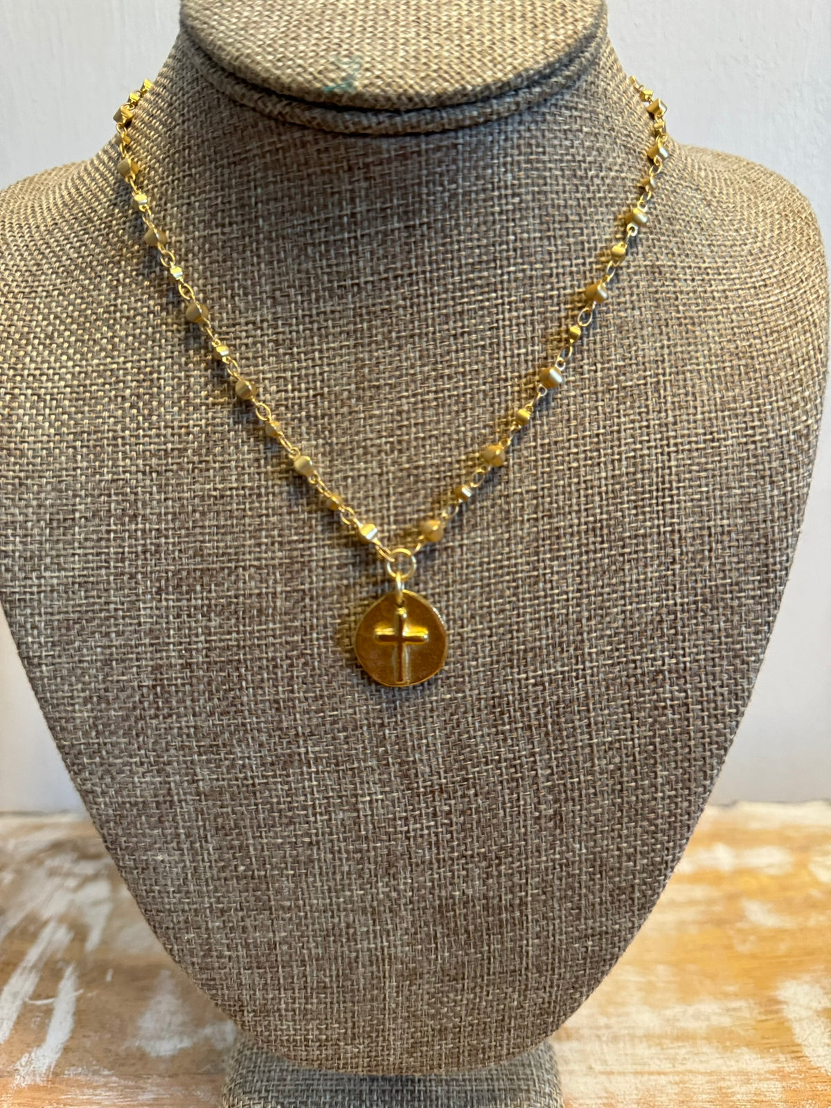 Kitzi Gold Fancy Chain Round Cross Necklace