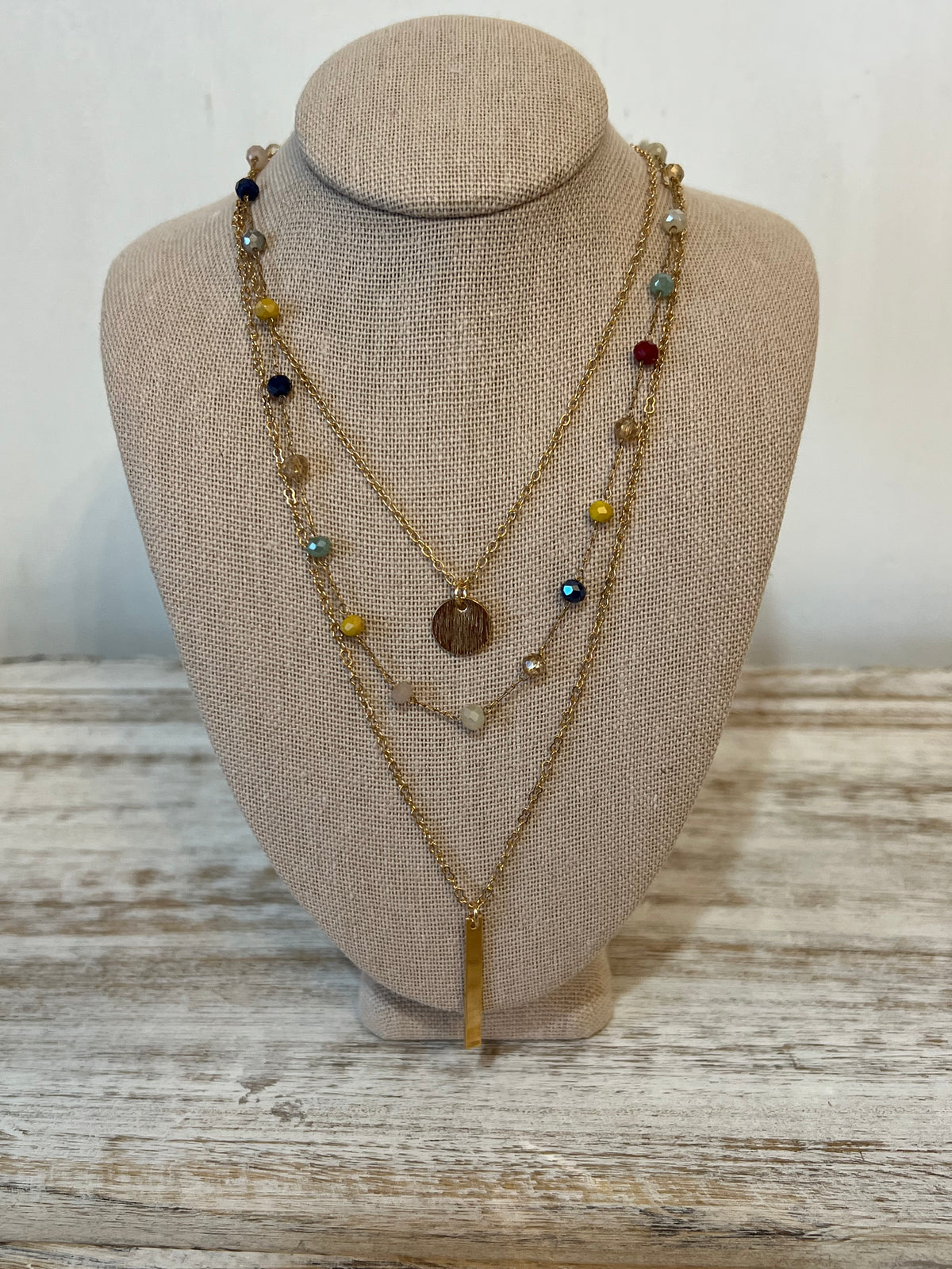 Gold bar 3 layer with multi crystal accents necklace