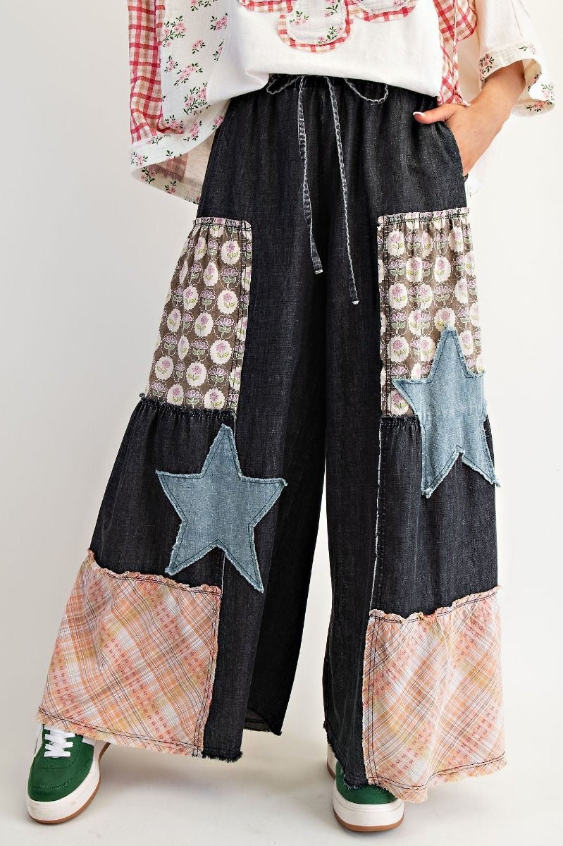 Washed Denim Patchwork Palazzo Pants