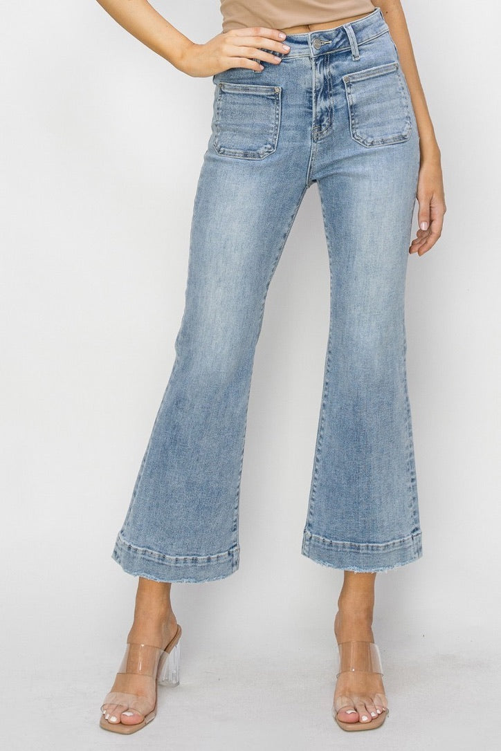 Risen High Rise Front Patch Pocket Ankle Flare Jeans
