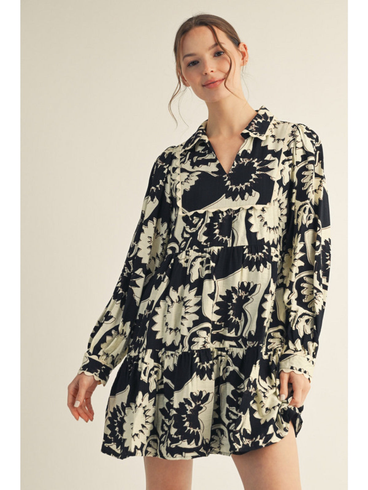 Black Floral Collard Dress
