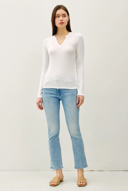 Ribbed Notched V-neck Top