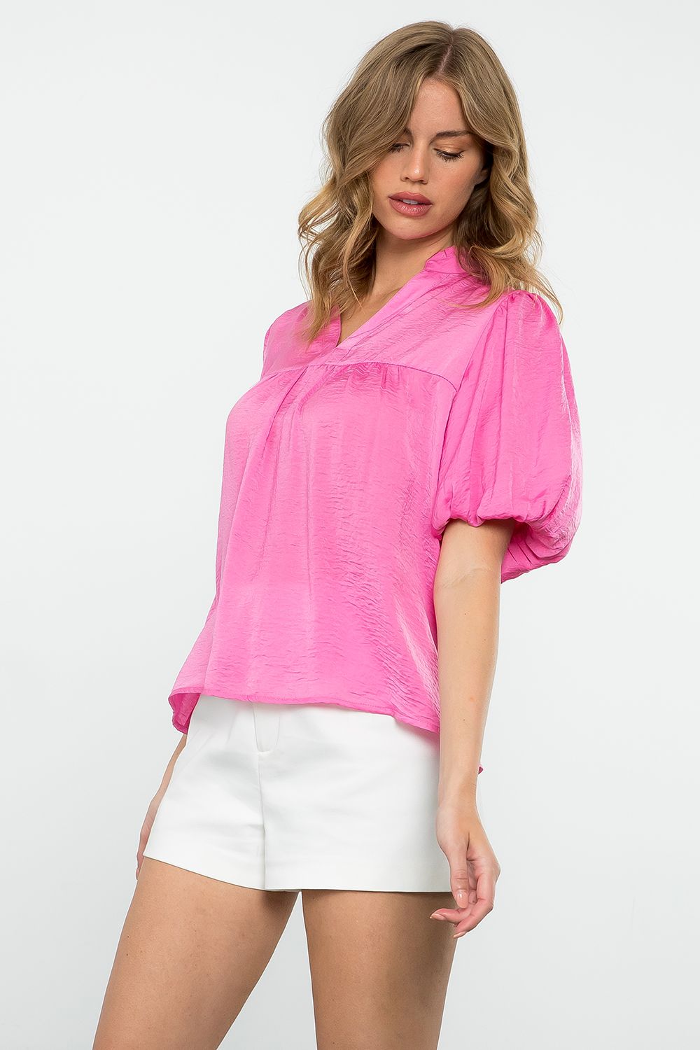 THML puff sleeve v-neck top pink