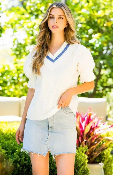 Poplin Ruffle V-Neck Top