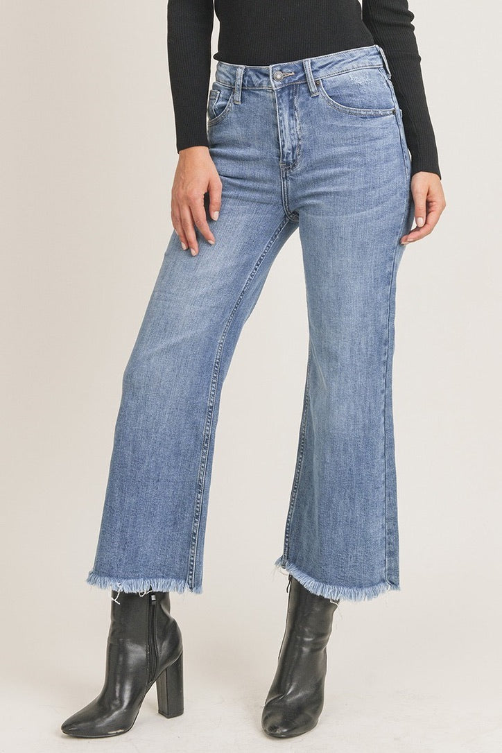 Risen High Waisted Frayed Ankle Wide Leg Jean