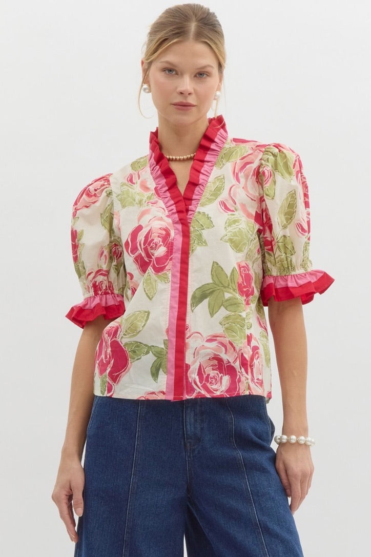 Pink Floral Ruffled Neck Top