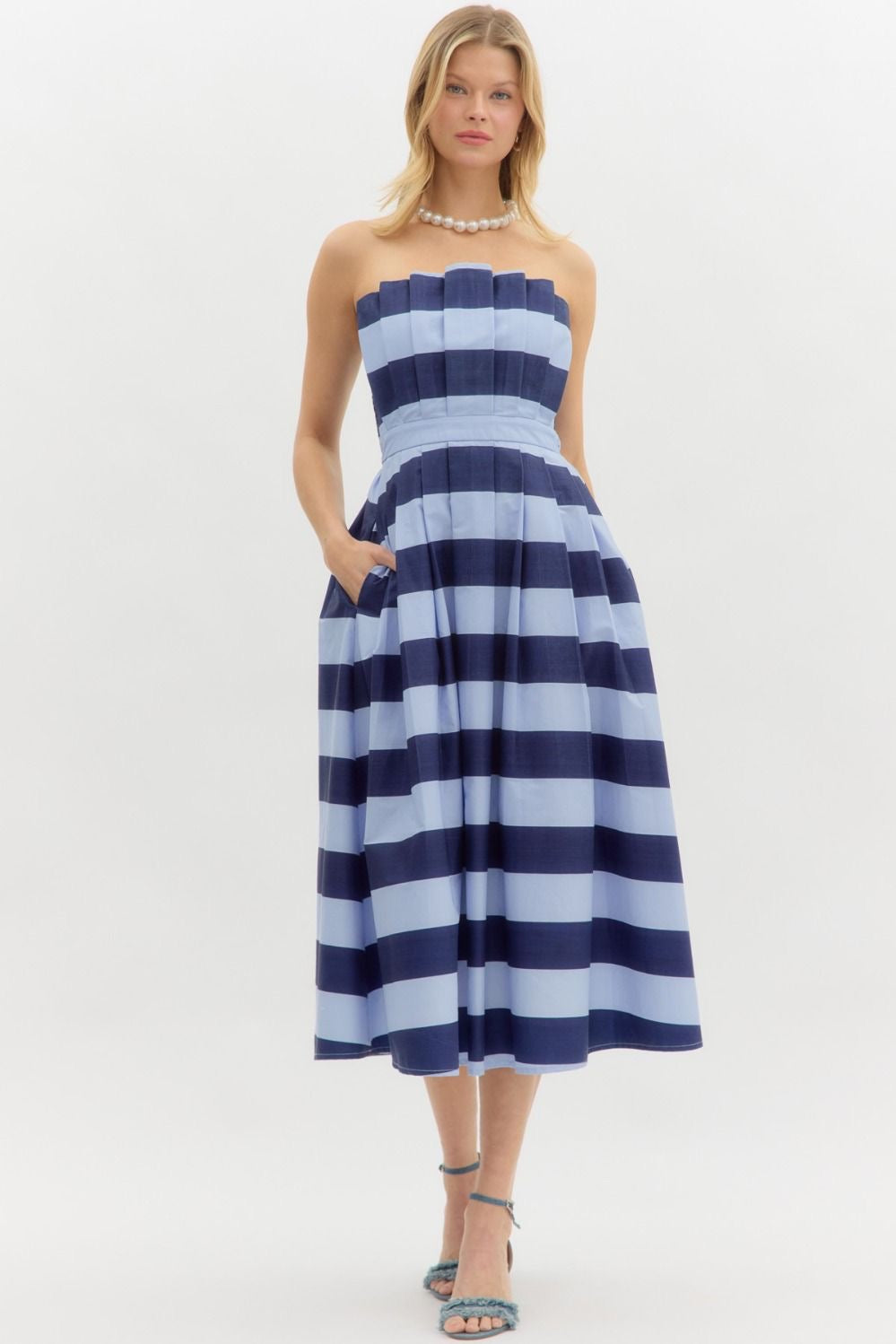 Strapless Pleated Midi Dress
