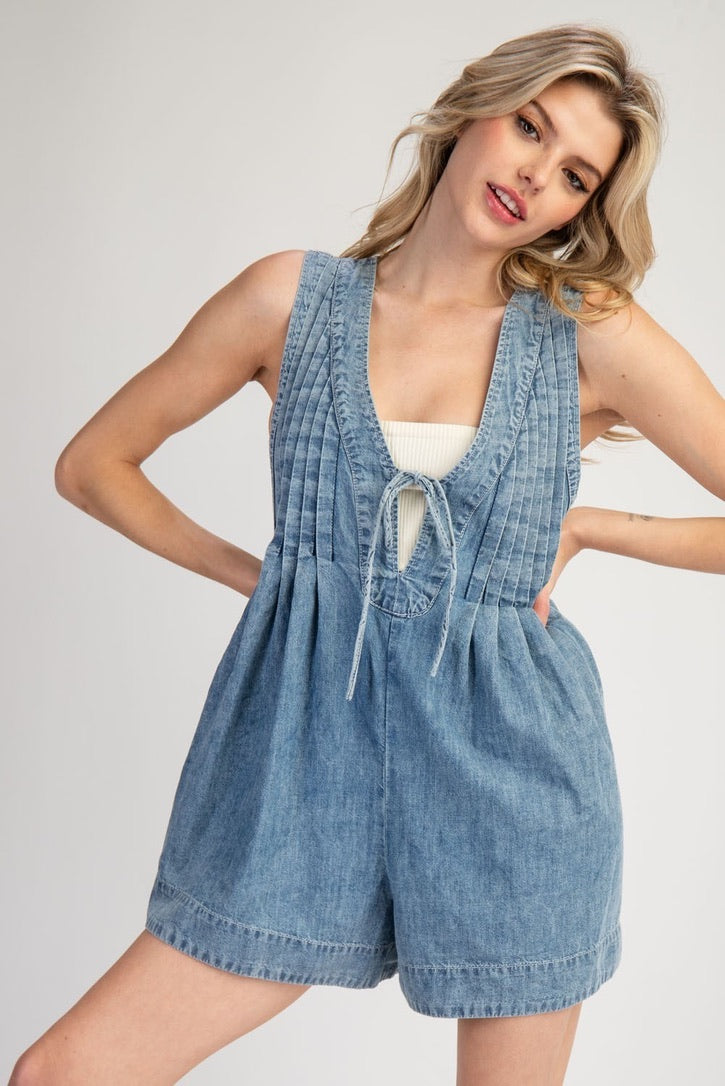 Pleated Denim Romper